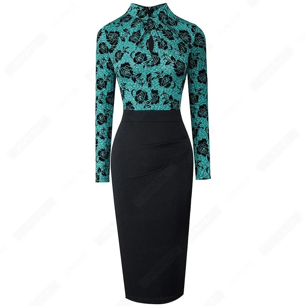 Retro Women Work Office Business Sheath Slim Bodycon Formal Stand Collar With Key Hole Pencil Summer Dress HB430