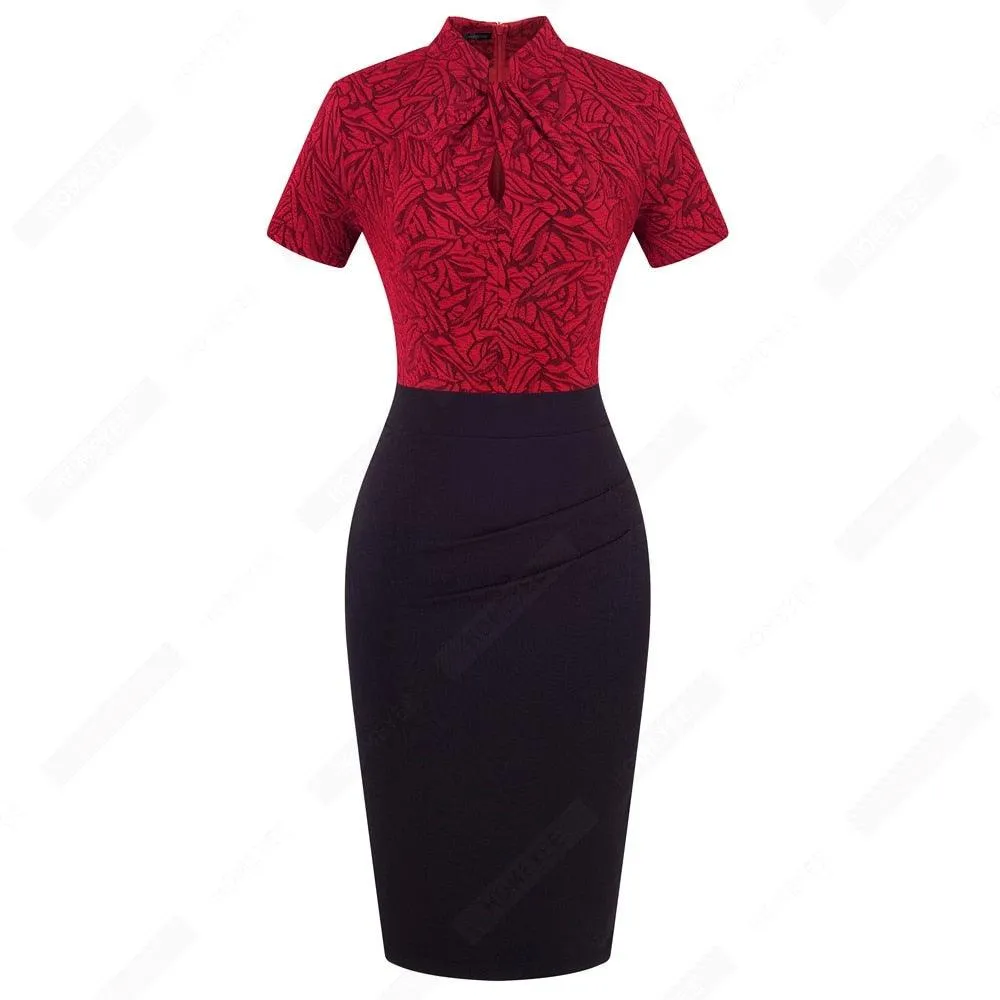 Retro Women Work Office Business Sheath Slim Bodycon Formal Stand Collar With Key Hole Pencil Summer Dress HB430