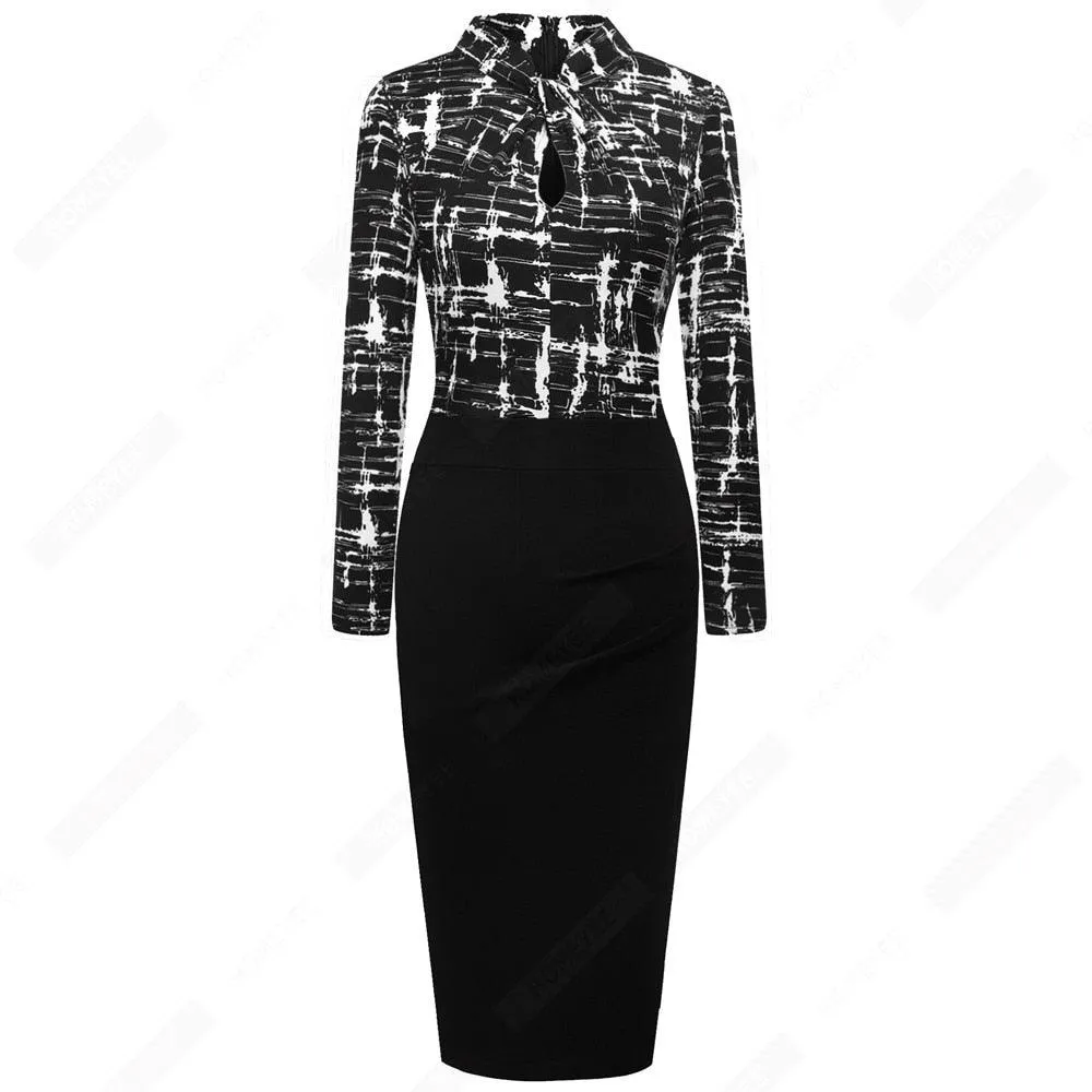 Retro Women Work Office Business Sheath Slim Bodycon Formal Stand Collar With Key Hole Pencil Summer Dress HB430
