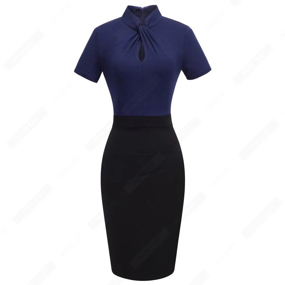Retro Women Work Office Business Sheath Slim Bodycon Formal Stand Collar With Key Hole Pencil Summer Dress HB430