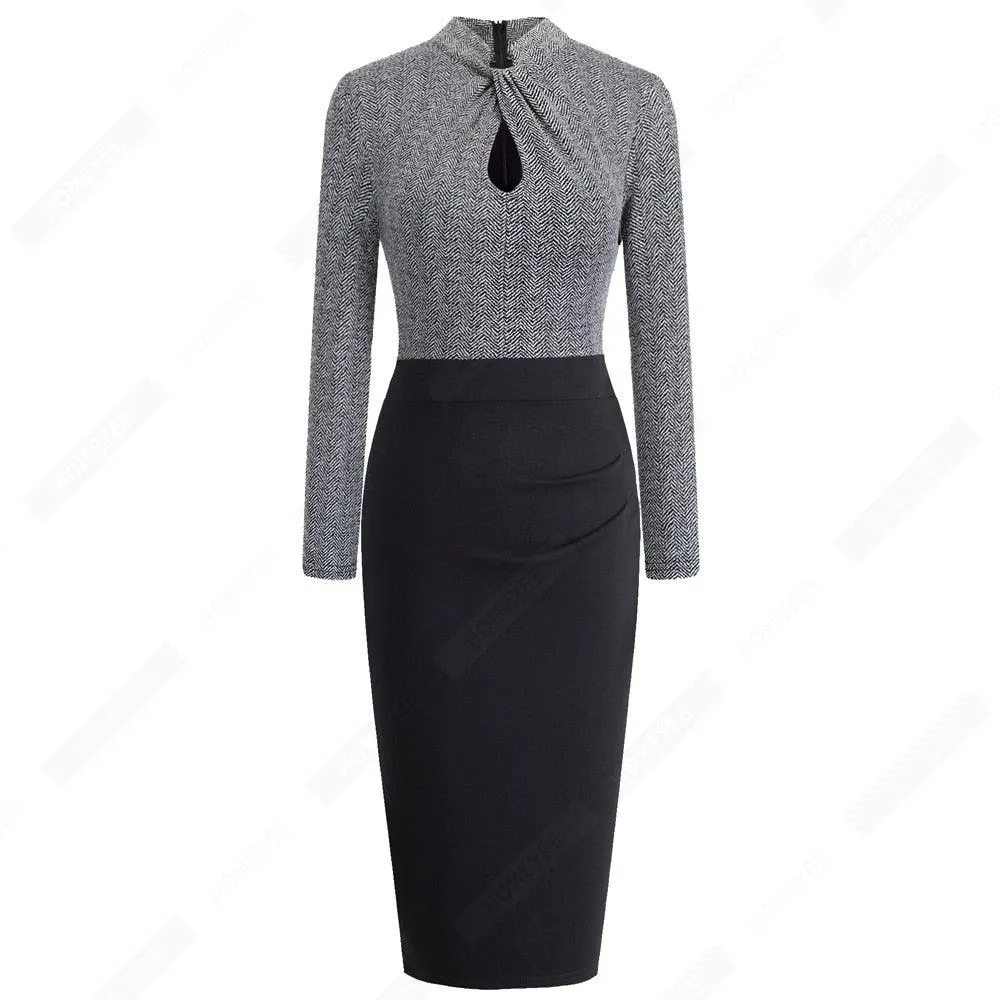 Retro Women Work Office Business Sheath Slim Bodycon Formal Stand Collar With Key Hole Pencil Summer Dress HB430