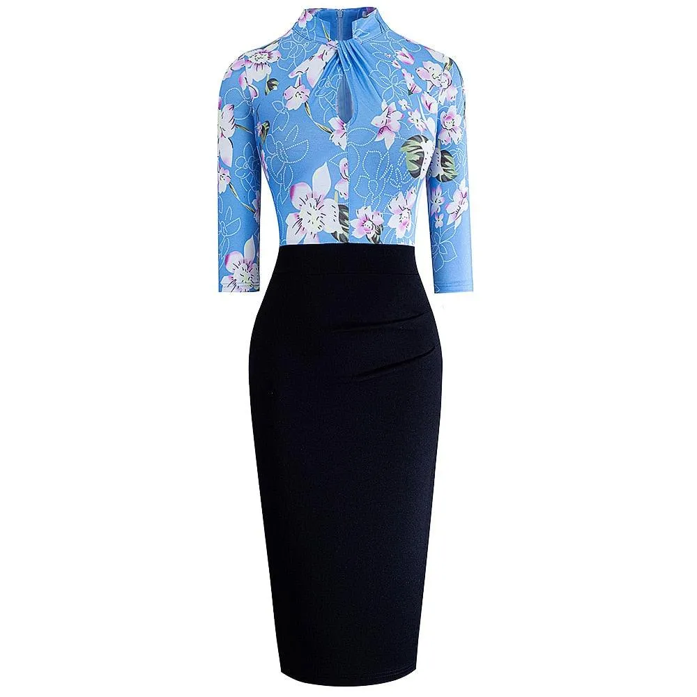 Retro Women Work Office Business Sheath Slim Bodycon Formal Stand Collar With Key Hole Pencil Summer Dress HB430