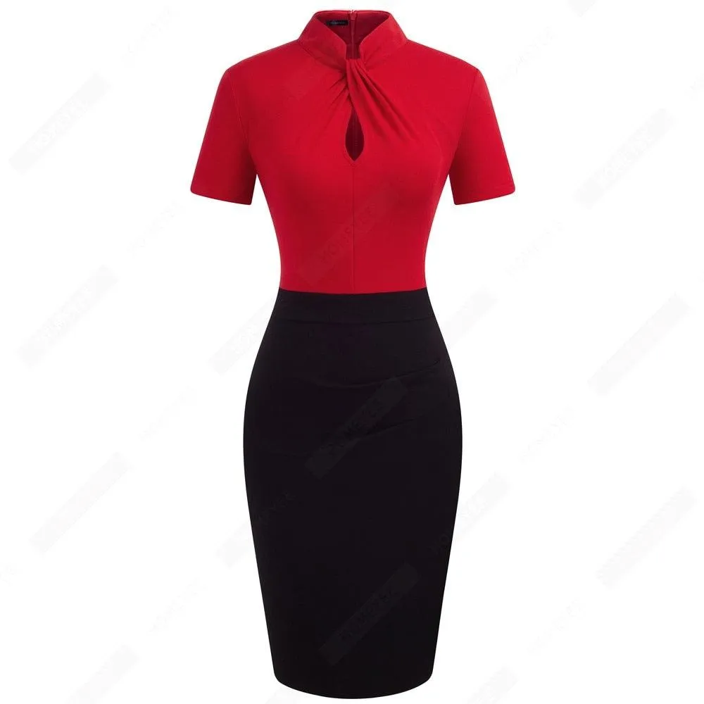 Retro Women Work Office Business Sheath Slim Bodycon Formal Stand Collar With Key Hole Pencil Summer Dress HB430