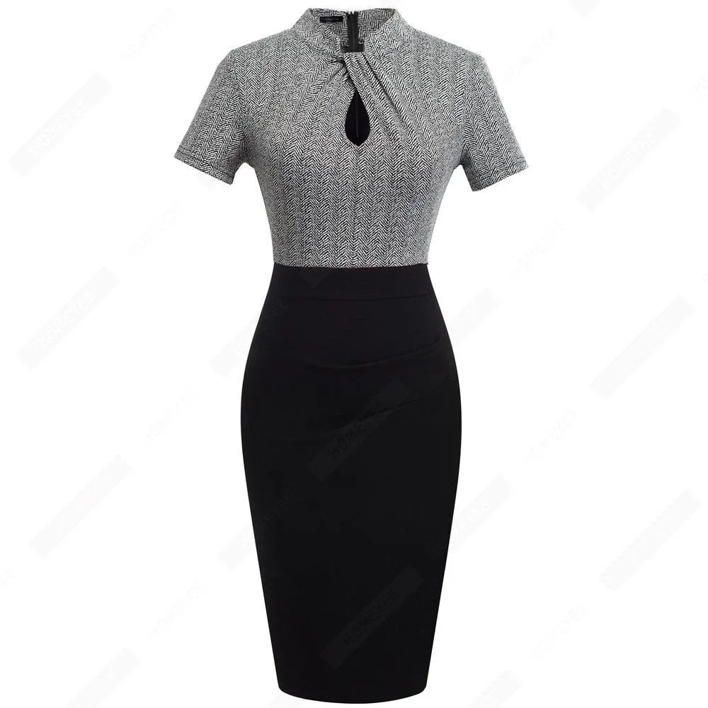 Retro Women Work Office Business Sheath Slim Bodycon Formal Stand Collar With Key Hole Pencil Summer Dress HB430