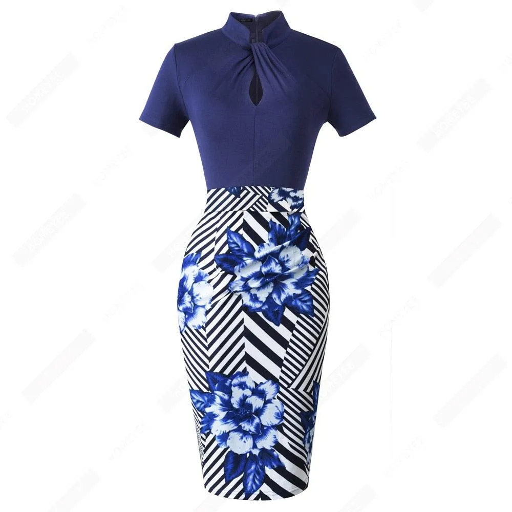 Retro Women Work Office Business Sheath Slim Bodycon Formal Stand Collar With Key Hole Pencil Summer Dress HB430
