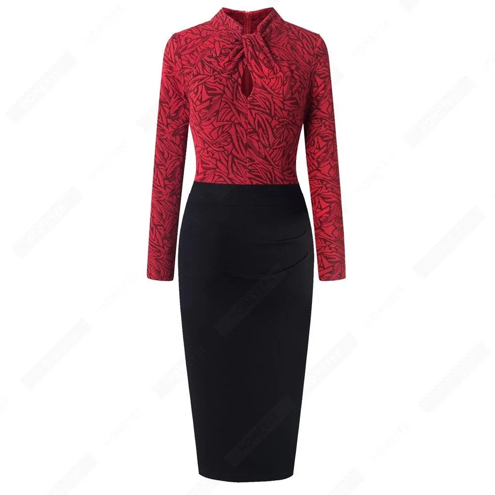 Retro Women Work Office Business Sheath Slim Bodycon Formal Stand Collar With Key Hole Pencil Summer Dress HB430