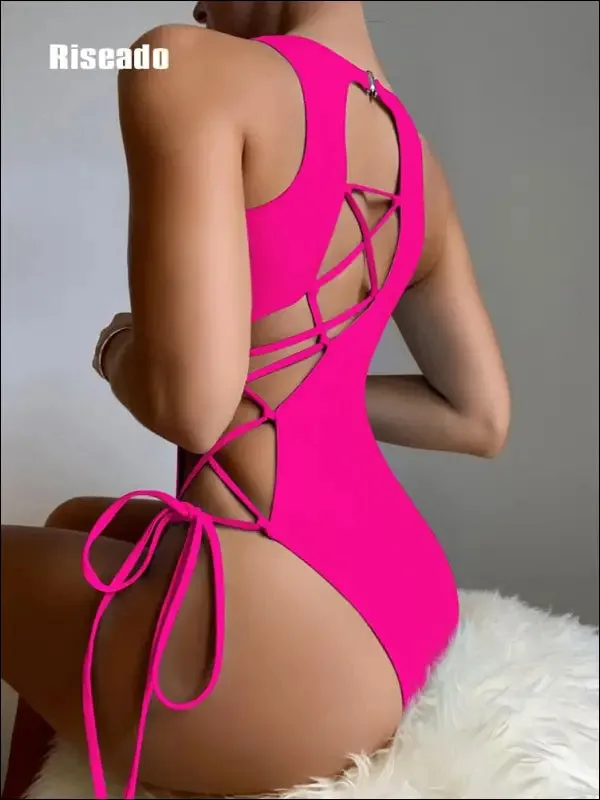 Riseado lace up one piece swimsuit 2023 swimwear women sexy monokini bathing suits sky blue summer