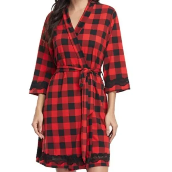 Robes for Women Lace Kimono Robes Short Bathrobe with 3/4 Sleeve