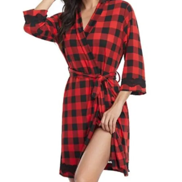 Robes for Women Lace Kimono Robes Short Bathrobe with 3/4 Sleeve