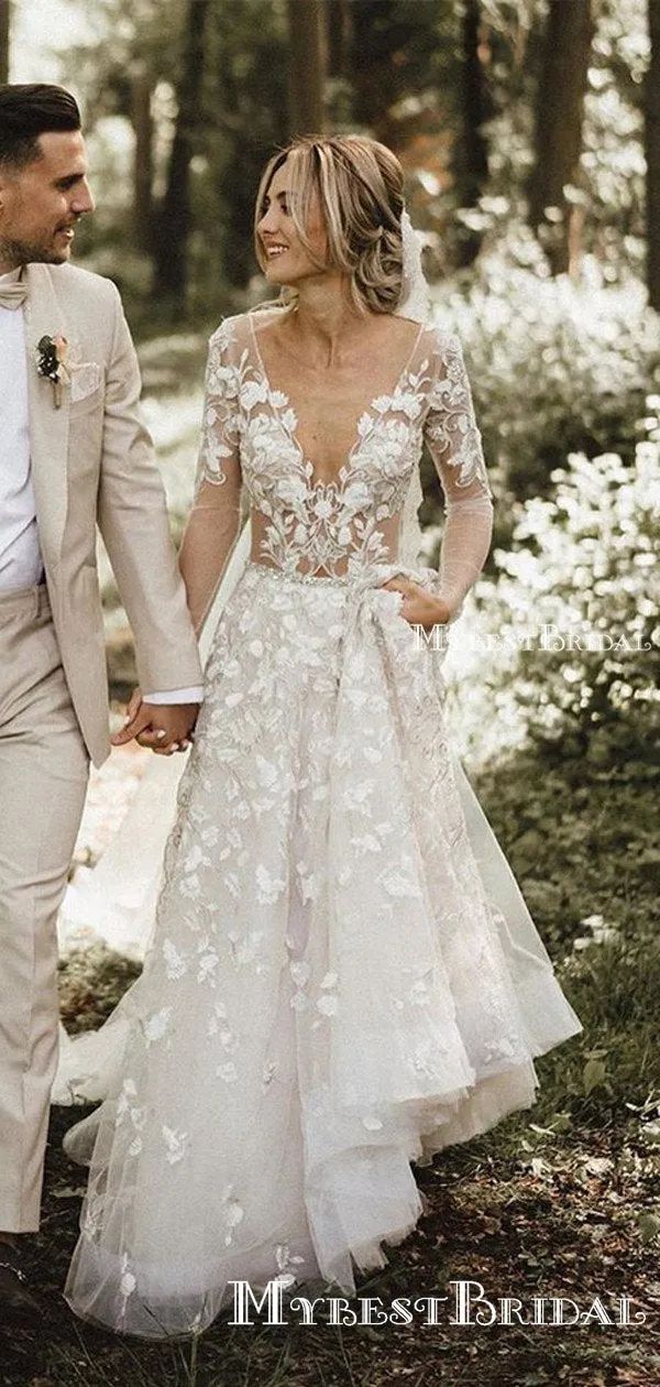Romantic A-line Long Sleeves Lace Bridal Gowns Long Cheap Wedding Dresses, WDS0010