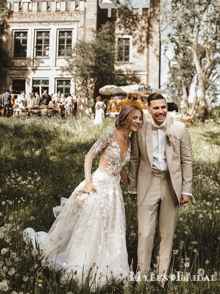 Romantic A-line Long Sleeves Lace Bridal Gowns Long Cheap Wedding Dresses, WDS0010