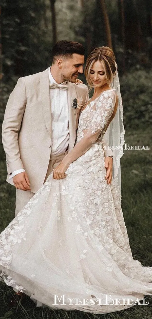 Romantic A-line Long Sleeves Lace Bridal Gowns Long Cheap Wedding Dresses, WDS0010