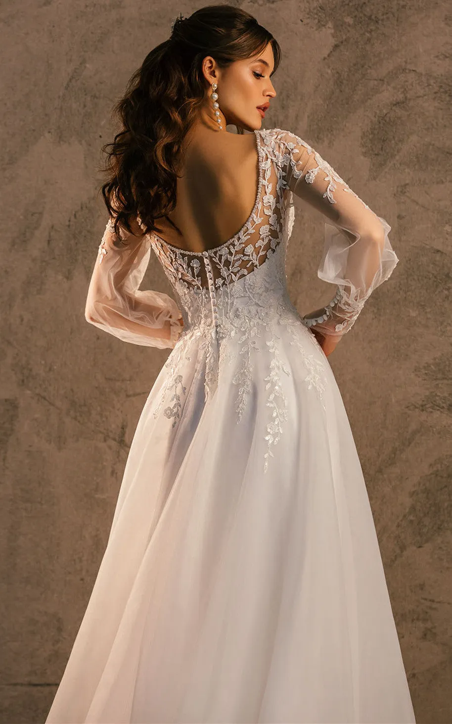 Romantic A Line V-neck Tulle Sweep Train Wedding Dress with Appliques-716381