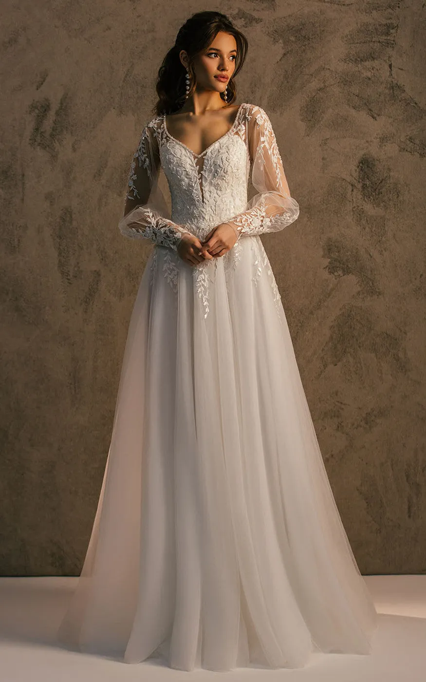 Romantic A Line V-neck Tulle Sweep Train Wedding Dress with Appliques-716381