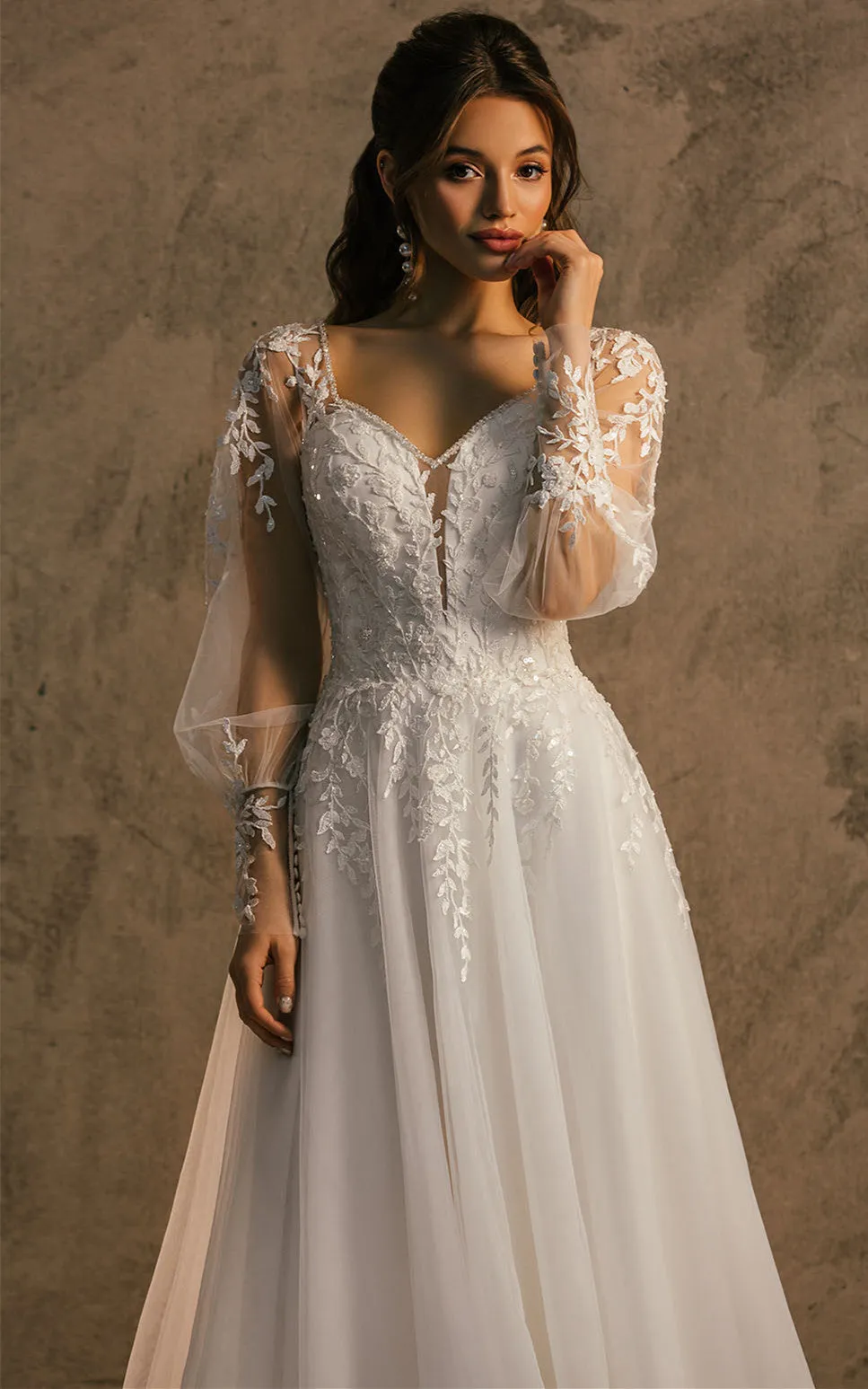 Romantic A Line V-neck Tulle Sweep Train Wedding Dress with Appliques-716381