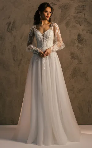 Romantic A Line V-neck Tulle Sweep Train Wedding Dress with Appliques-716381