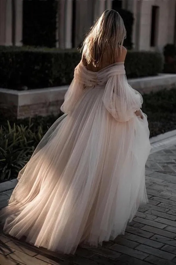 Romantic Backless Beach Wedding Dresses With Sleeves, Bridal Dress, MW525