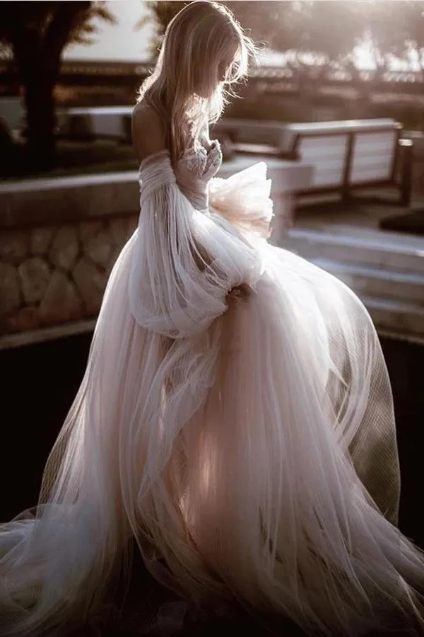 Romantic Backless Beach Wedding Dresses With Sleeves, Bridal Dress, MW525