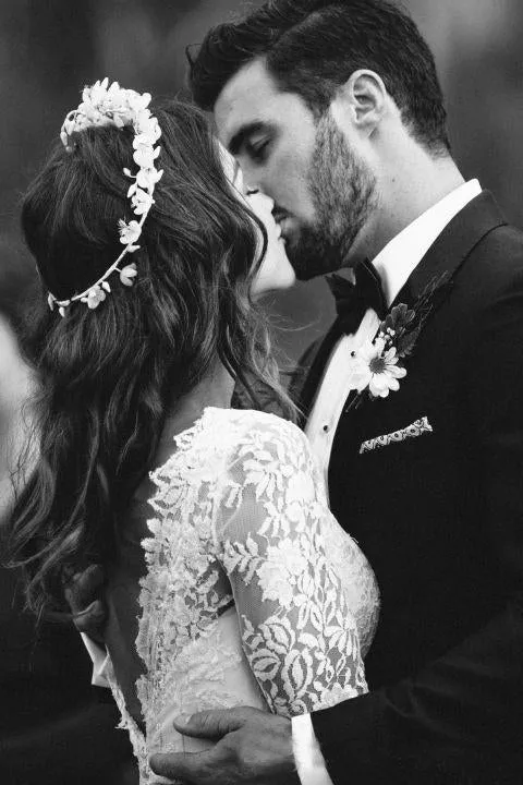 Romantic Bohemian Long Sleeves Sexy Deep V Neck Backless Lace Wedding Dress-715398