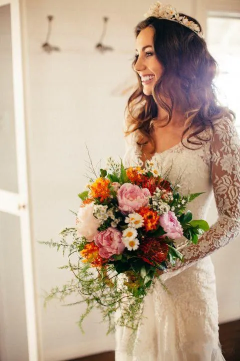 Romantic Bohemian Long Sleeves Sexy Deep V Neck Backless Lace Wedding Dress-715398