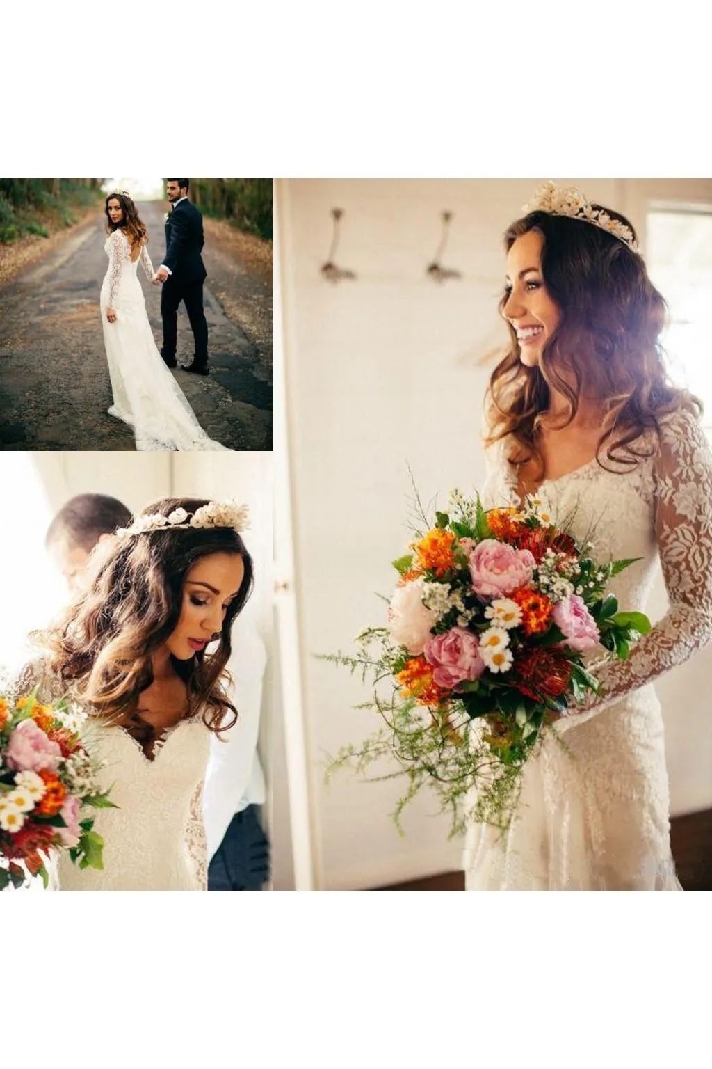 Romantic Bohemian Long Sleeves Sexy Deep V Neck Backless Lace Wedding Dress-715398