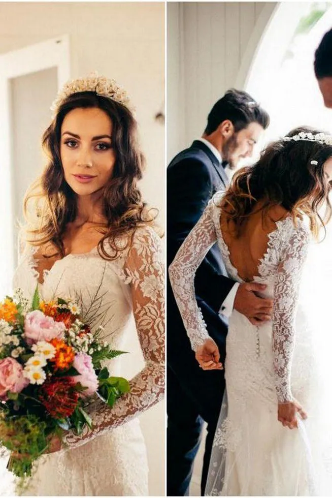 Romantic Bohemian Long Sleeves Sexy Deep V Neck Backless Lace Wedding Dress-715398