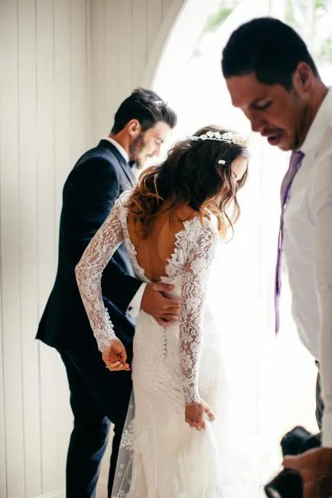 Romantic Bohemian Long Sleeves Sexy Deep V Neck Backless Lace Wedding Dress-715398