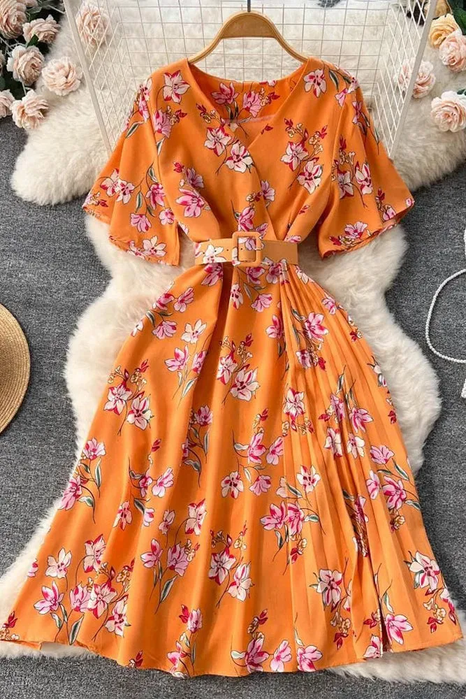 Romantic Floral Print Chiffon Dress With Belt Party Dress