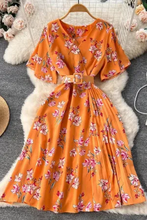 Romantic Floral Print Chiffon Dress With Belt Party Dress