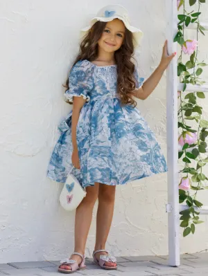 Romantic Garden Blue Floral Puff Sleeve Dress