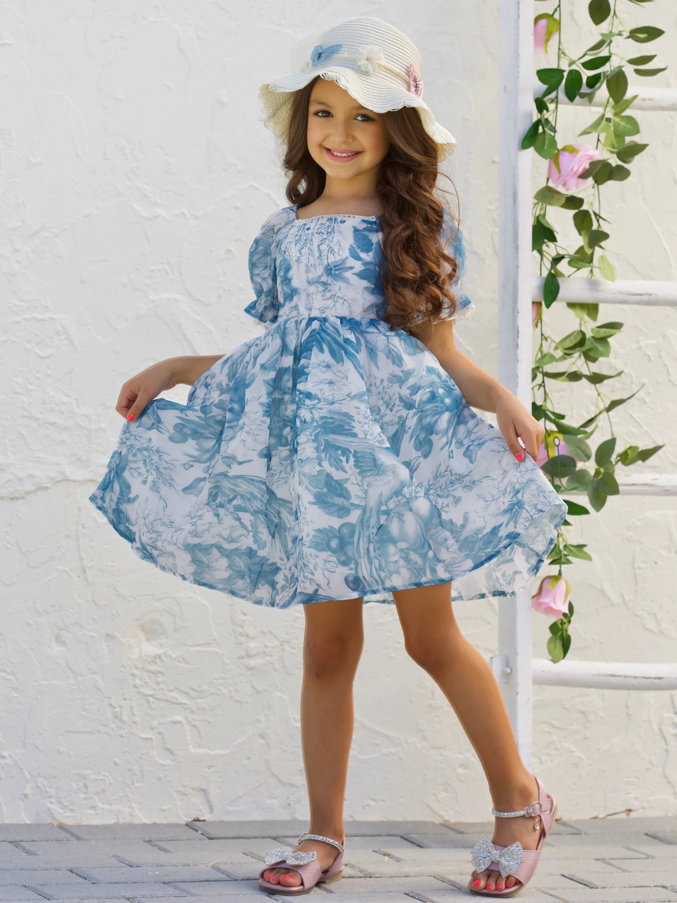 Romantic Garden Blue Floral Puff Sleeve Dress