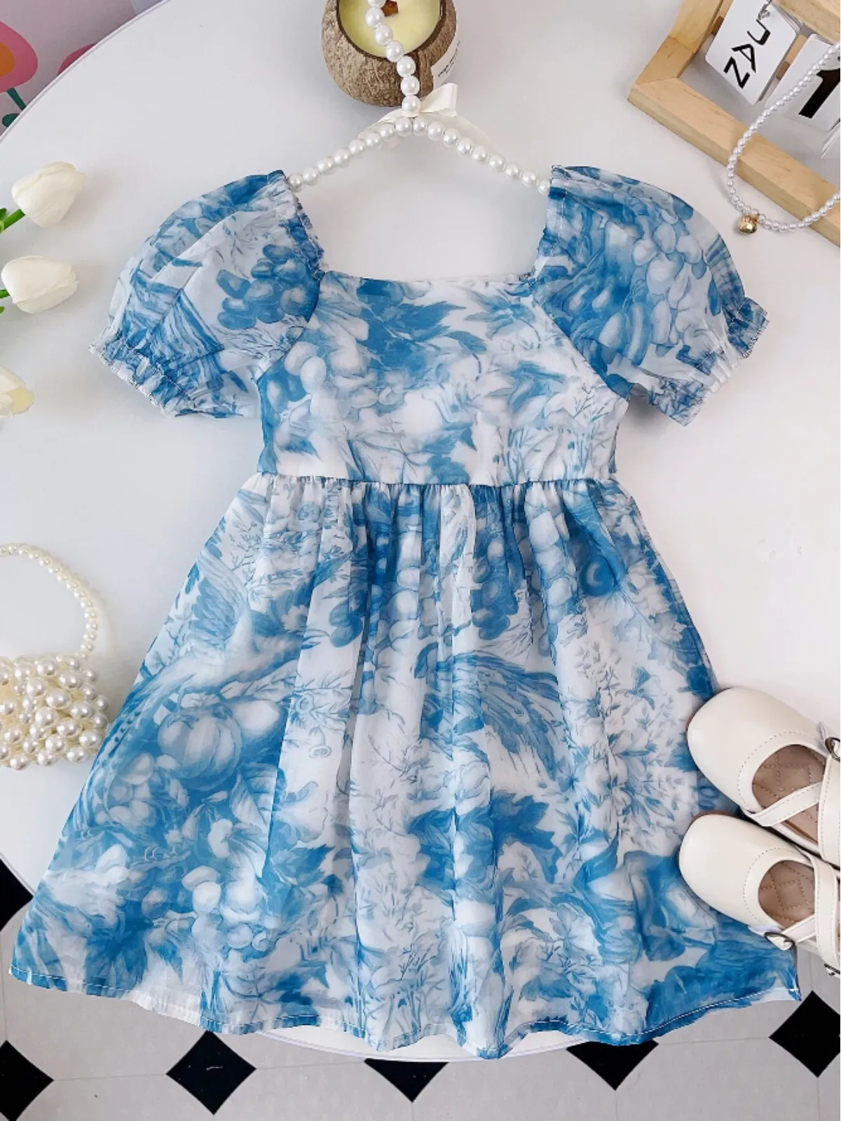 Romantic Garden Blue Floral Puff Sleeve Dress