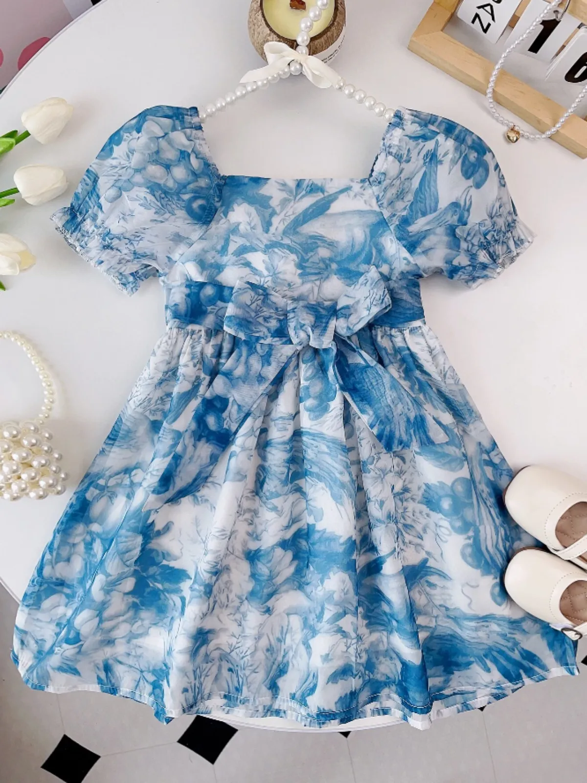 Romantic Garden Blue Floral Puff Sleeve Dress