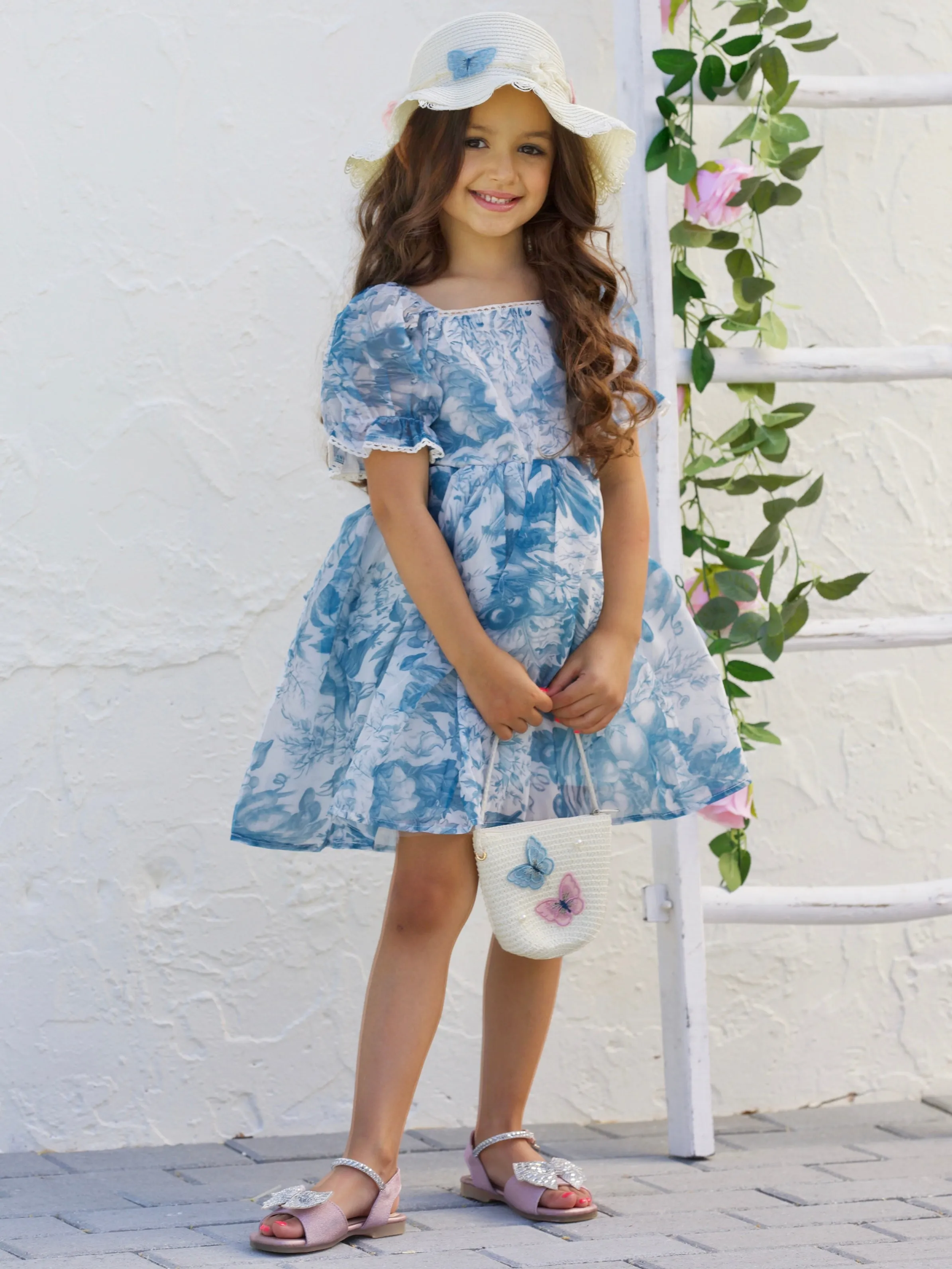 Romantic Garden Blue Floral Puff Sleeve Dress