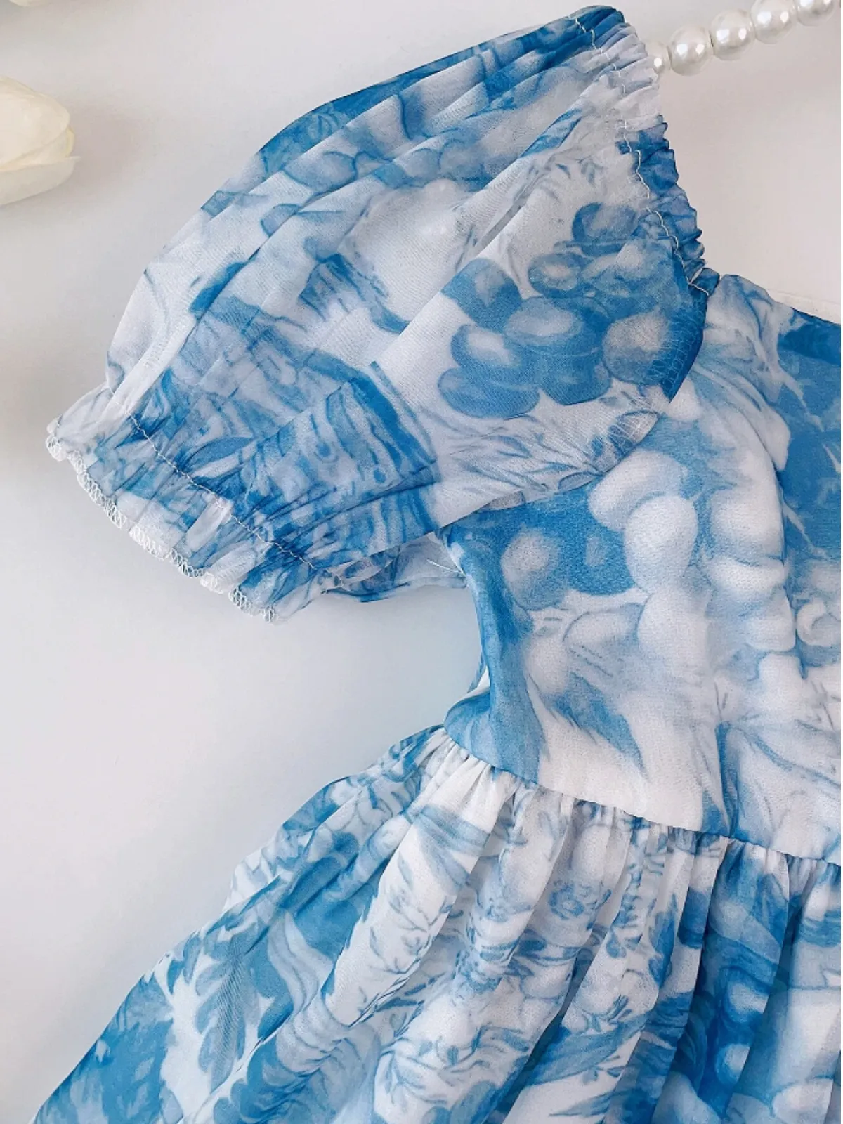 Romantic Garden Blue Floral Puff Sleeve Dress