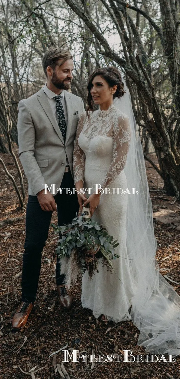 Romantic High Neck Long Sleeves Lace Mermaid Long Cheap Wedding Dresses, WDS0019
