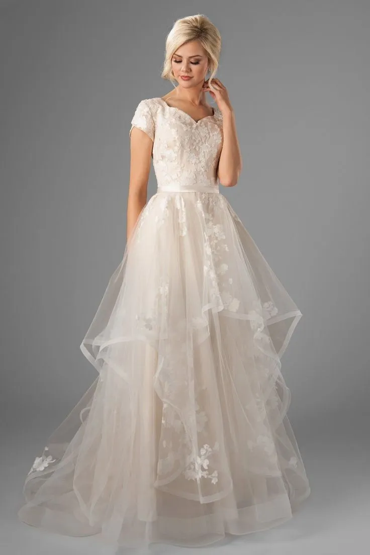 Romantic Horsehair Lace Wedding Gown with Short Sleeves