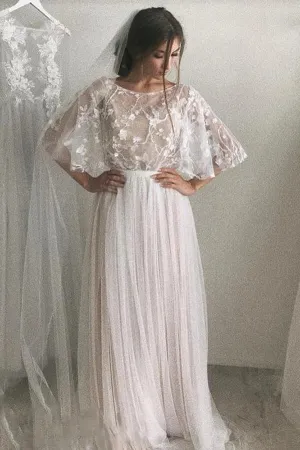 Romantic Lace A-line Half Sleeves Wedding Dresses With Short Train, MW575