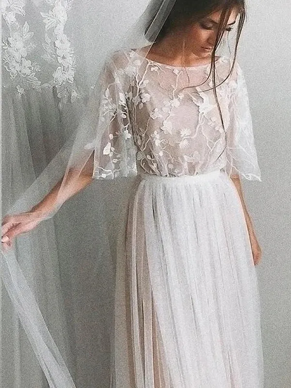 Romantic Lace A-line Half Sleeves Wedding Dresses With Short Train, MW575