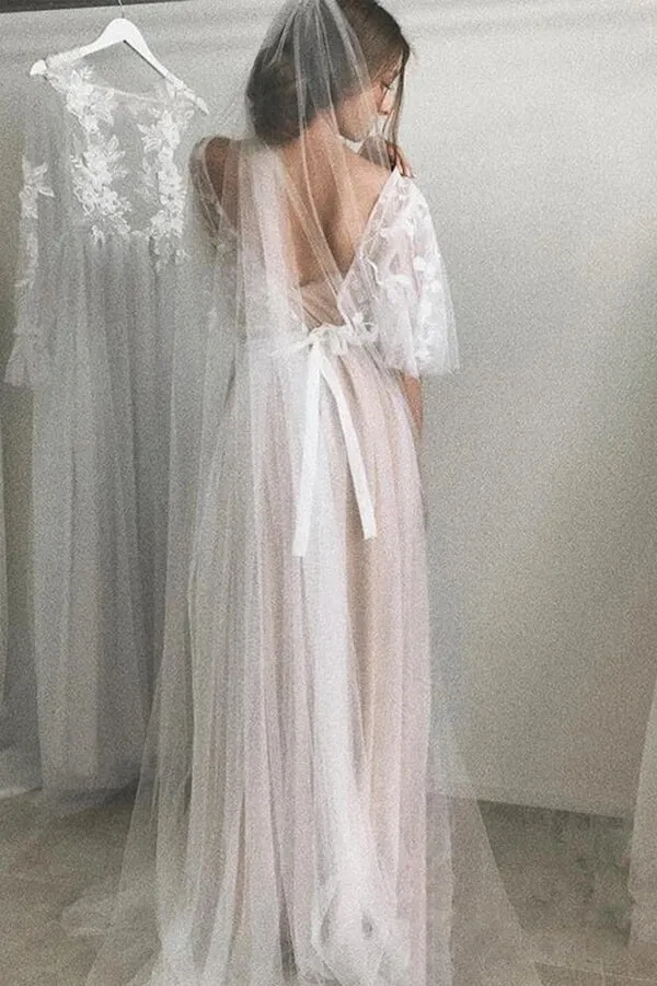 Romantic Lace A-line Half Sleeves Wedding Dresses With Short Train, MW575