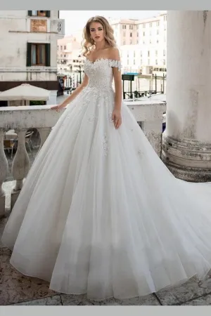 Romantic Lace Off-the-shoulder Bridal Gown with Tulle Train