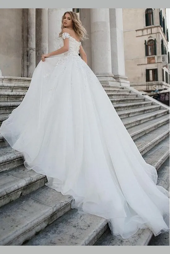 Romantic Lace Off-the-shoulder Bridal Gown with Tulle Train