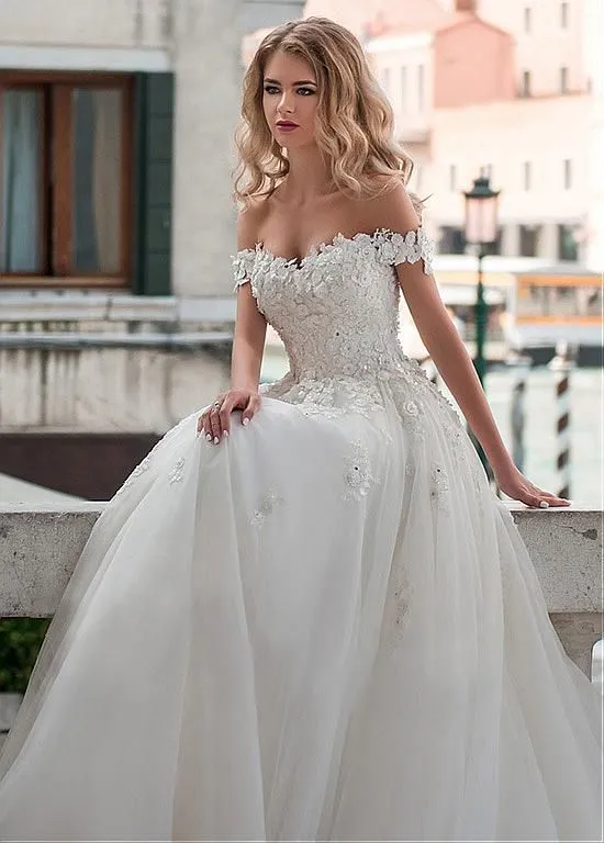 Romantic Lace Off-the-shoulder Bridal Gown with Tulle Train