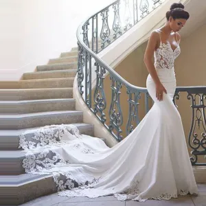 Romantic Mermaid Wedding Dresses Spaghetti Straps See Through White/Ivory Lace Bridal Gown Customized