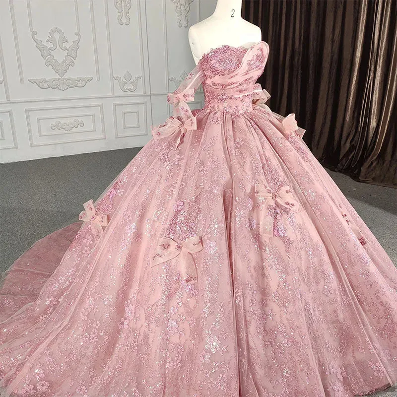 Romantic Pink beading Prom Dresses Sequined Sleeveless Quinceanera Dresses with Bowknot