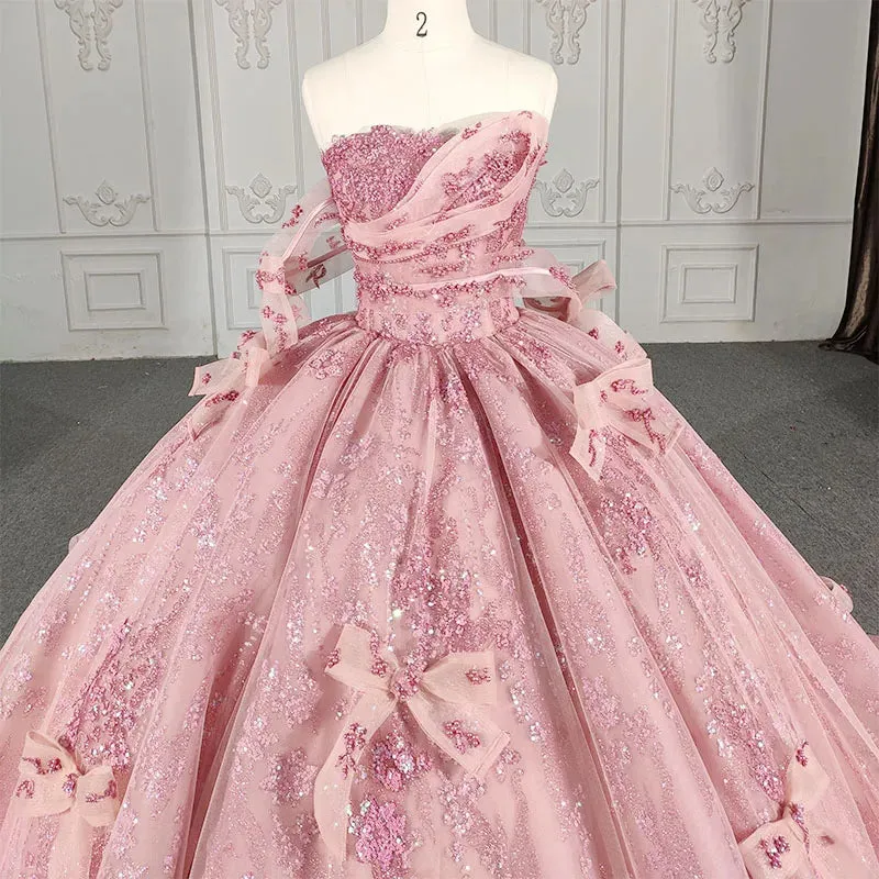 Romantic Pink beading Prom Dresses Sequined Sleeveless Quinceanera Dresses with Bowknot