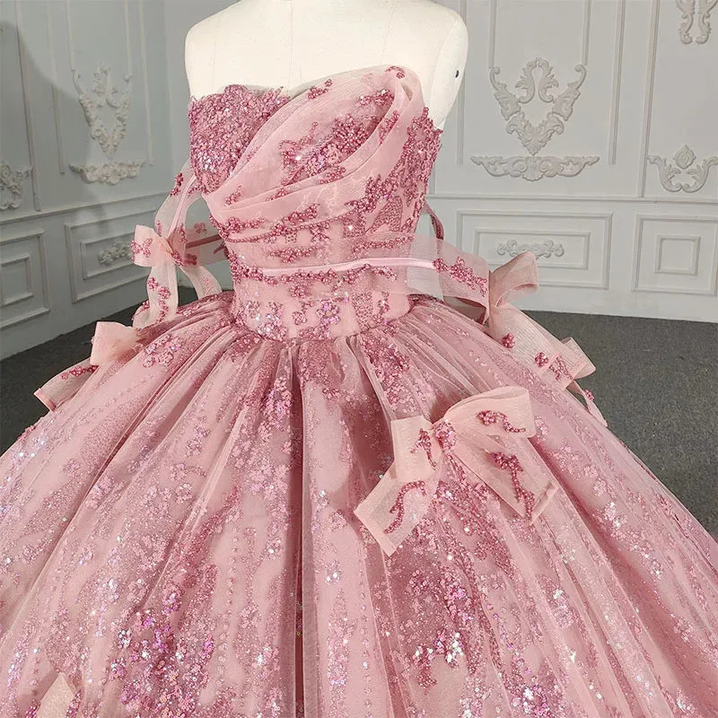 Romantic Pink beading Prom Dresses Sequined Sleeveless Quinceanera Dresses with Bowknot