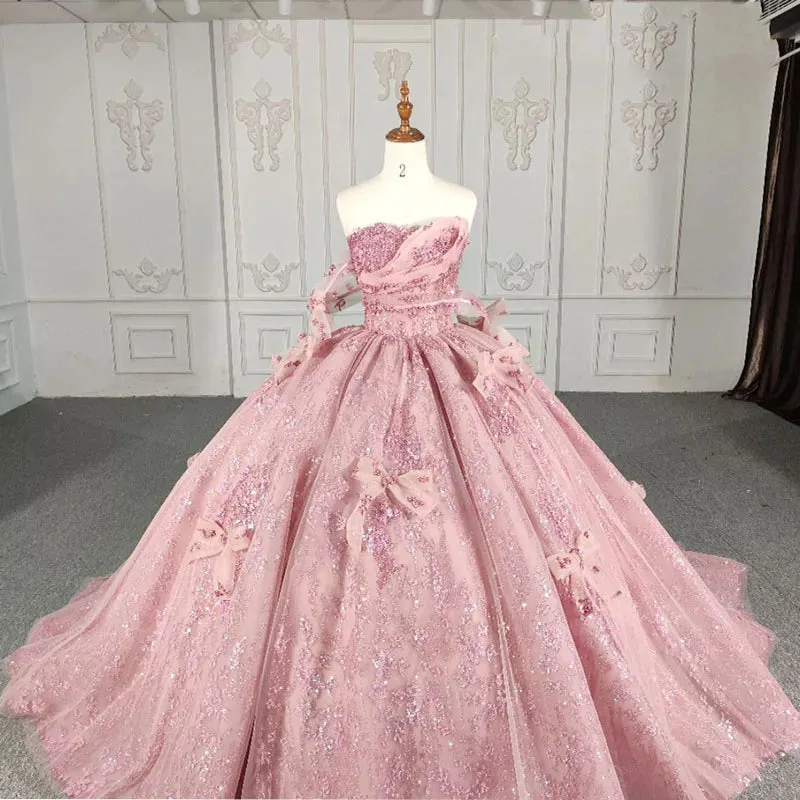 Romantic Pink beading Prom Dresses Sequined Sleeveless Quinceanera Dresses with Bowknot