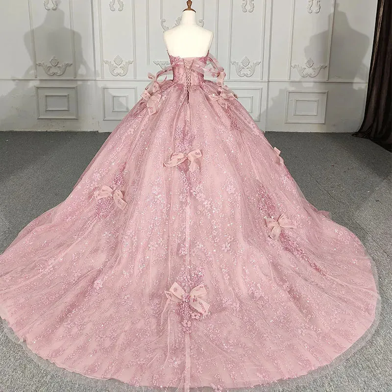 Romantic Pink beading Prom Dresses Sequined Sleeveless Quinceanera Dresses with Bowknot