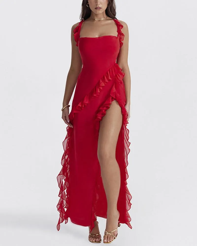 Romantic Revealing Ruffled Maxi Dress